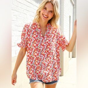 First Love Red Floral Blouse Size Medium